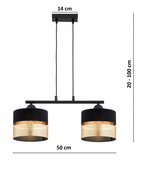 Pendelleuchte Schwarz Gold 2-flammig E27 L:50 cm Modern