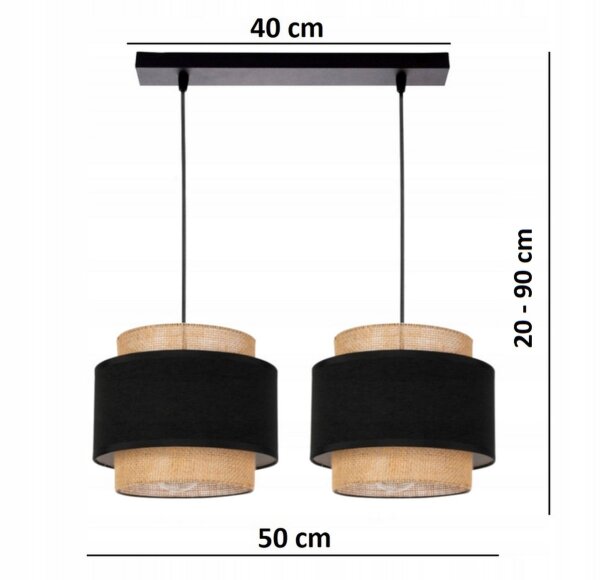 Hängelampe 2-flammig Stoff Schwarz Beige E27 L:40 cm