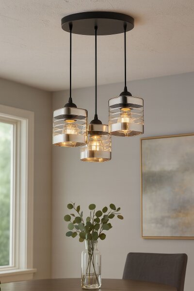 Pendelleuchte 3-flammig Glas Silber E27 L:30 cm rund