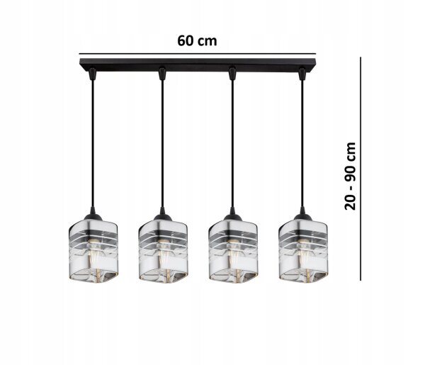 Pendelleuchte 4-flammig Glas Metall Silber E27 L:60 cm