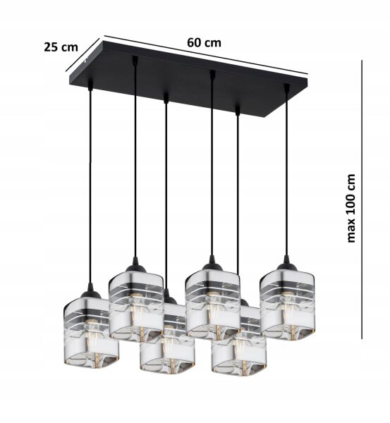 Pendelleuchte 6-flammig Metall Glas Silber E27 L:60 cm
