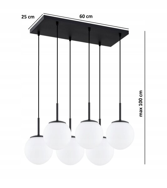 Pendelleuchte 6-flammig Glas Metall Schwarz E27 L:60 cm