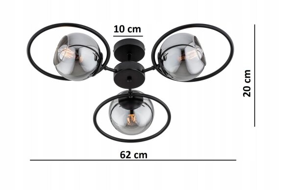 Deckenleuchte 3-flammig Rauchglas Metall E27 L:62 cm