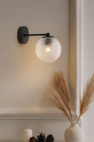 Wandlampe Glasschirm Metall Schwarz E27 B:15 cm Retro