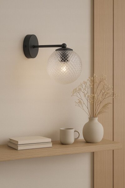 Wandlampe Glasschirm Metall Schwarz E27 B:15 cm Retro