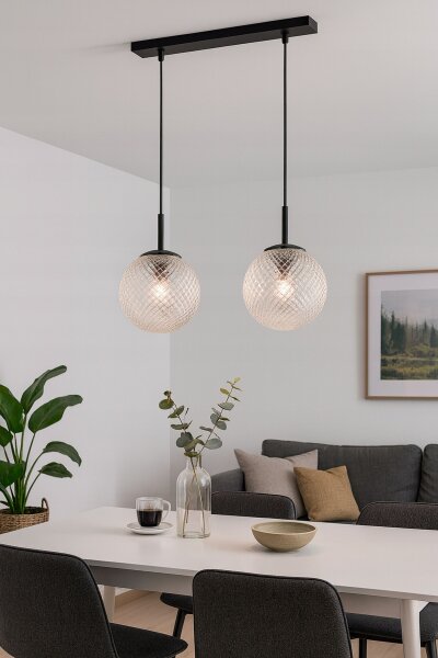 Pendelleuchte 2-flammig Schwarz Metall Glas E27 L:40 cm