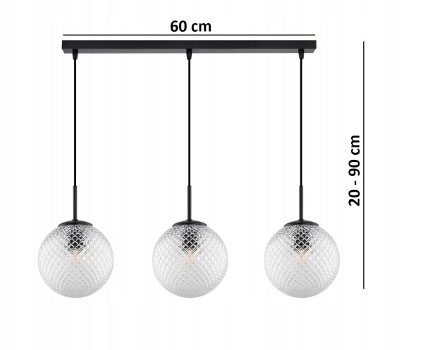 Pendelleuchte Glas Metall Schwarz 3-flammig E27 L:60 cm