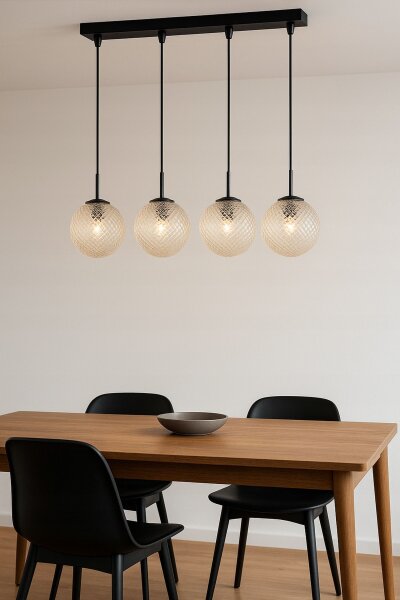 Pendelleuchte Schwarz Glas Metall 4-flammig E27 L:60 cm