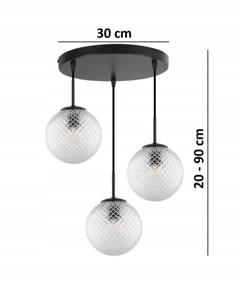 Pendelleuchte 3-flammig Schwarz Metall Glas E27 B:30 cm