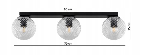 Deckenleuchte 3-flammig Glas Metall Schwarz E27 L:60 cm