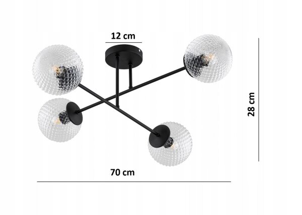 Deckenleuchte 4-flammig Glas Metall Schwarz E27 L:70 cm