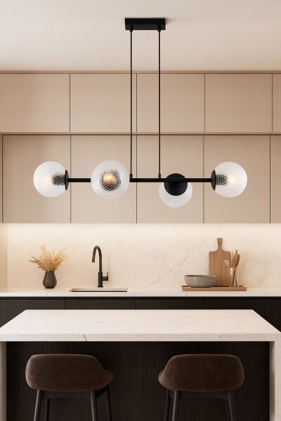 Pendelleuchte 4-flammig Glas Metall Schwarz E27 L:75 cm