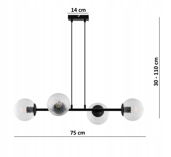 Pendelleuchte 4-flammig Glas Metall Schwarz E27 L:75 cm