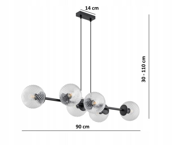 Pendelleuchte 6-flammig Metall Glas Schwarz E27 L:90 cm