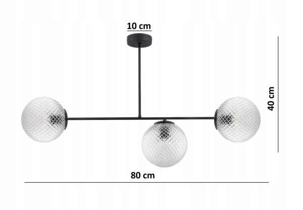Deckenleuchte 3-flammig Glas Metall Schwarz E27 L:80 cm