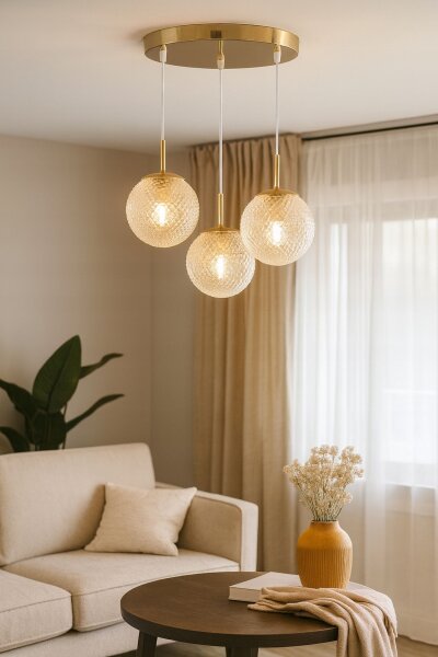 Pendelleuchte 3-flammig Gold Metall Glas E27 B:30 cm