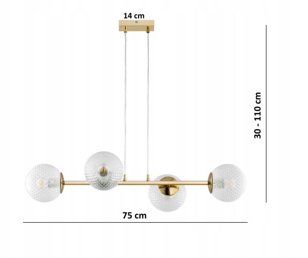 Pendelleuchte 4-flammig Glas Metall Gold E27 L:15 cm