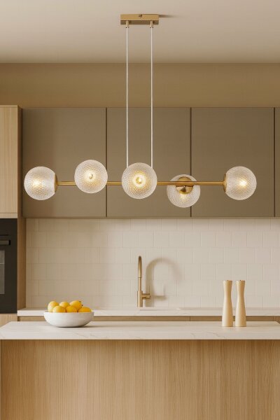 Pendelleuchte 6-flammig Glas Metall Gold E27 90 cm
