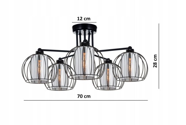 Deckenleuchte 5-flammig Schwarz Glas Metall E27 B:70 cm