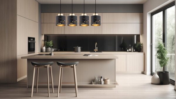 Pendelleuchte 4-flammig Schwarz Gold E27 L:70 cm Metall