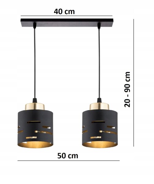 Pendelleuchte 2-flammig Schwarz Gold Metall E27 L:40 cm