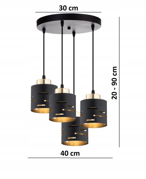 Pendelleuchte 4-flammig Schwarz Gold Metall E27 L:40 cm