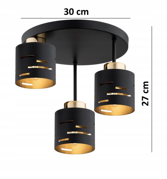 Deckenleuchte 3-flammig Schwarz Gold E27 B:30 cm Metall