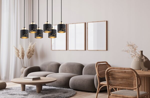 Pendelleuchte Metall Schwarz Gold E27 L:60 cm 6-flammig