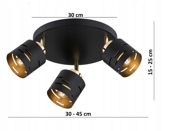 Deckenspot flexibel Schwarz Gold 3-flammig E27 B:30 cm