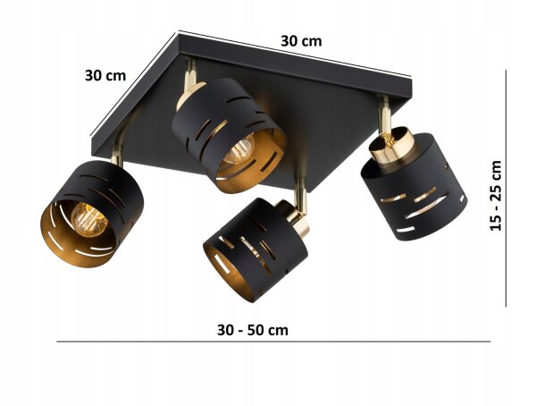 Deckenspot flexibel 4-flammig Schwarz Gold E27 L:30 cm