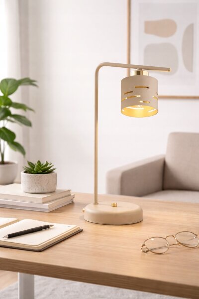 Tischleuchte Ecru Gold Metall E27 H:38 cm klein Modern