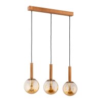 H&auml;ngelampe Holz Glas Bernstein 3-flammig E14 L:70 cm