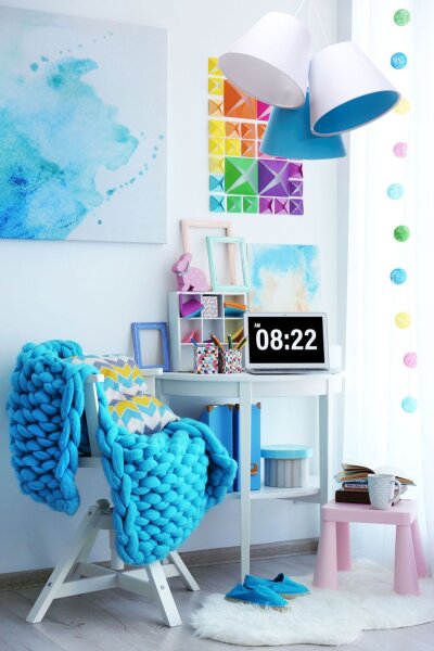 Lampe de chambre denfant fille Blanc Bleu Tissu