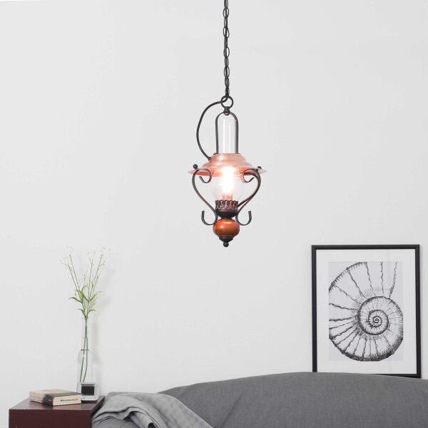 Lampe à suspendre rustique ENNA avec abat-jour en verre noir cuivre