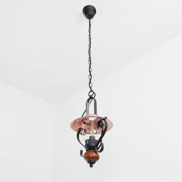 Lampe à suspendre rustique ENNA avec abat-jour en verre noir cuivre