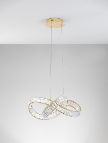 LED Hängelampe in Gold 60 cm breit dimmbar Kristall Metall