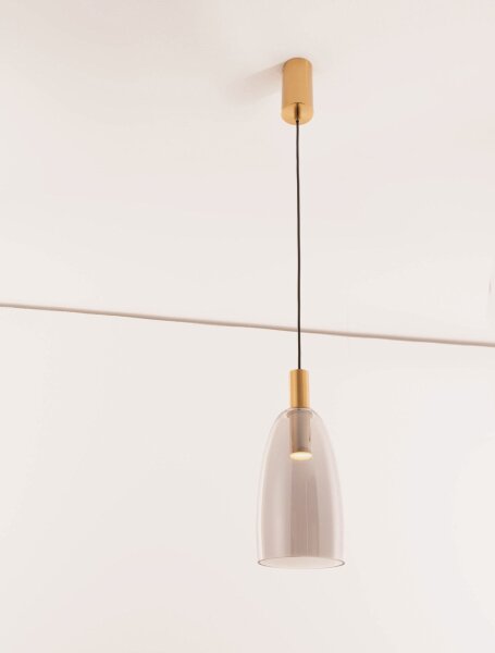 LED Pendelleuchte 14,2 cm breit in Gold Grau Retro Rauchglas