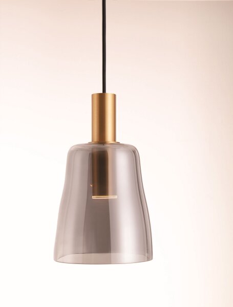 LED Hängelampe Retro in Gold Grau 14,5 cm breit Rauchglas