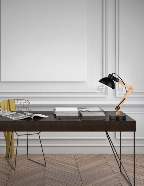 Schreibtischlampe E27 59 cm Natur Schwarz Retro Holz Metall