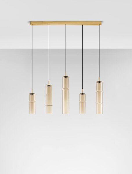 LED Hängelampe 94 cm lang in Gold Cognac dimmbar Rauchglas