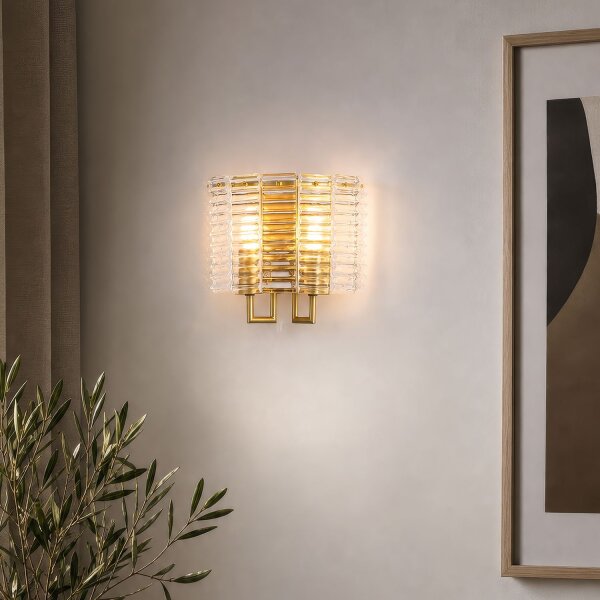 Wandleuchte Glas Metall Gold E14 H:18 cm Glasstäbe klar