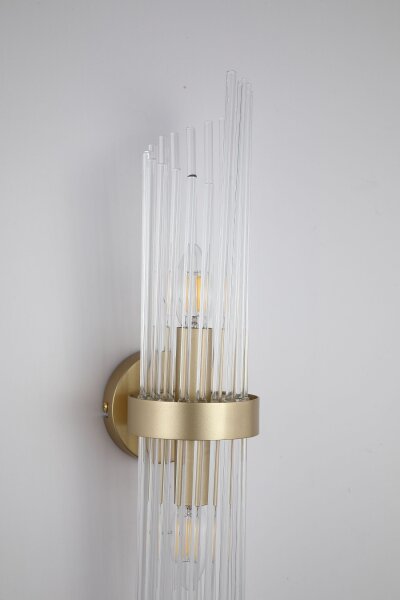 Wandlampe Glas Metall Gold E14 H:56 cm Glasstäbe klar