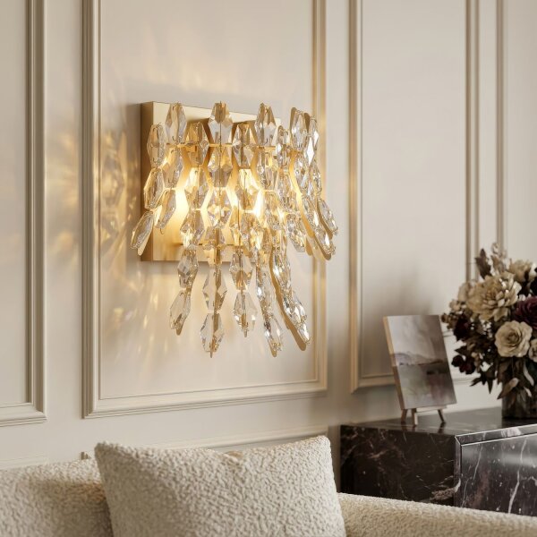 Wandleuchte Glas Metall Kristall Gold matt E14 T:19 cm