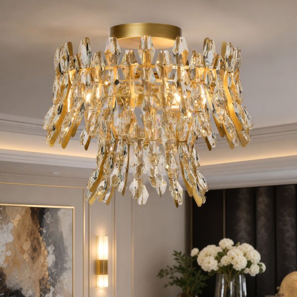 Deckenlampe Glas Metall Kristall Gold matt E14 H:32 cm