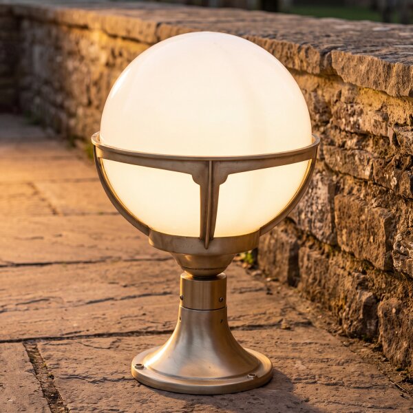 Luminaire de socle extérieur laiton Boule Abat-jour blanc
