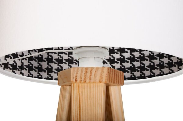 Lampe de table tripode pied-de-poule blanc bois 46cm rétro