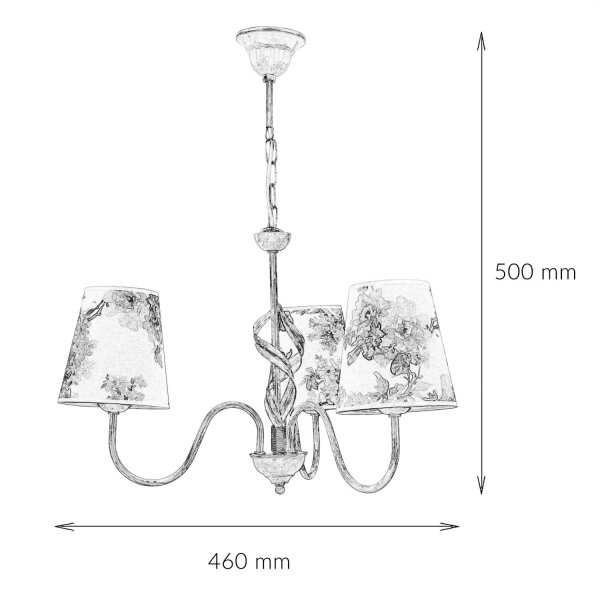 Lampe tissu 3-flmg table à manger campagnarde fleurie