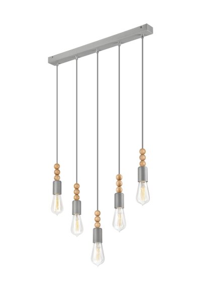 Suspension argent 5-flmg long métal bois lampe