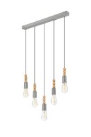 Suspension argent 5-flmg long m&eacute;tal bois lampe