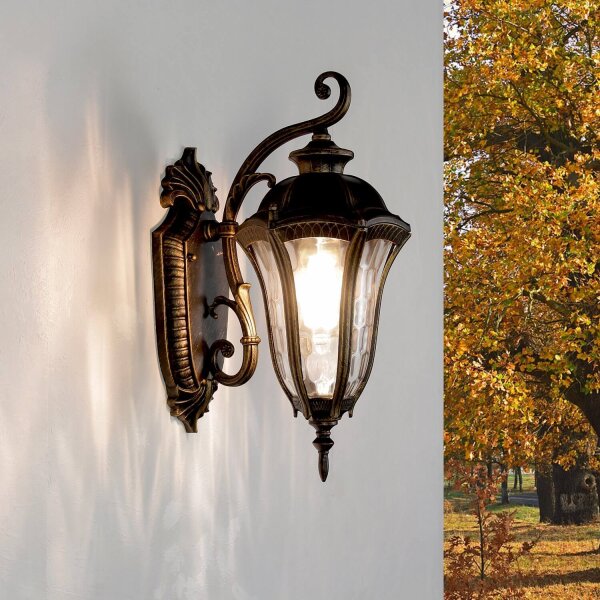 Lanterne murale rustique extérieure IP44 noir or antique